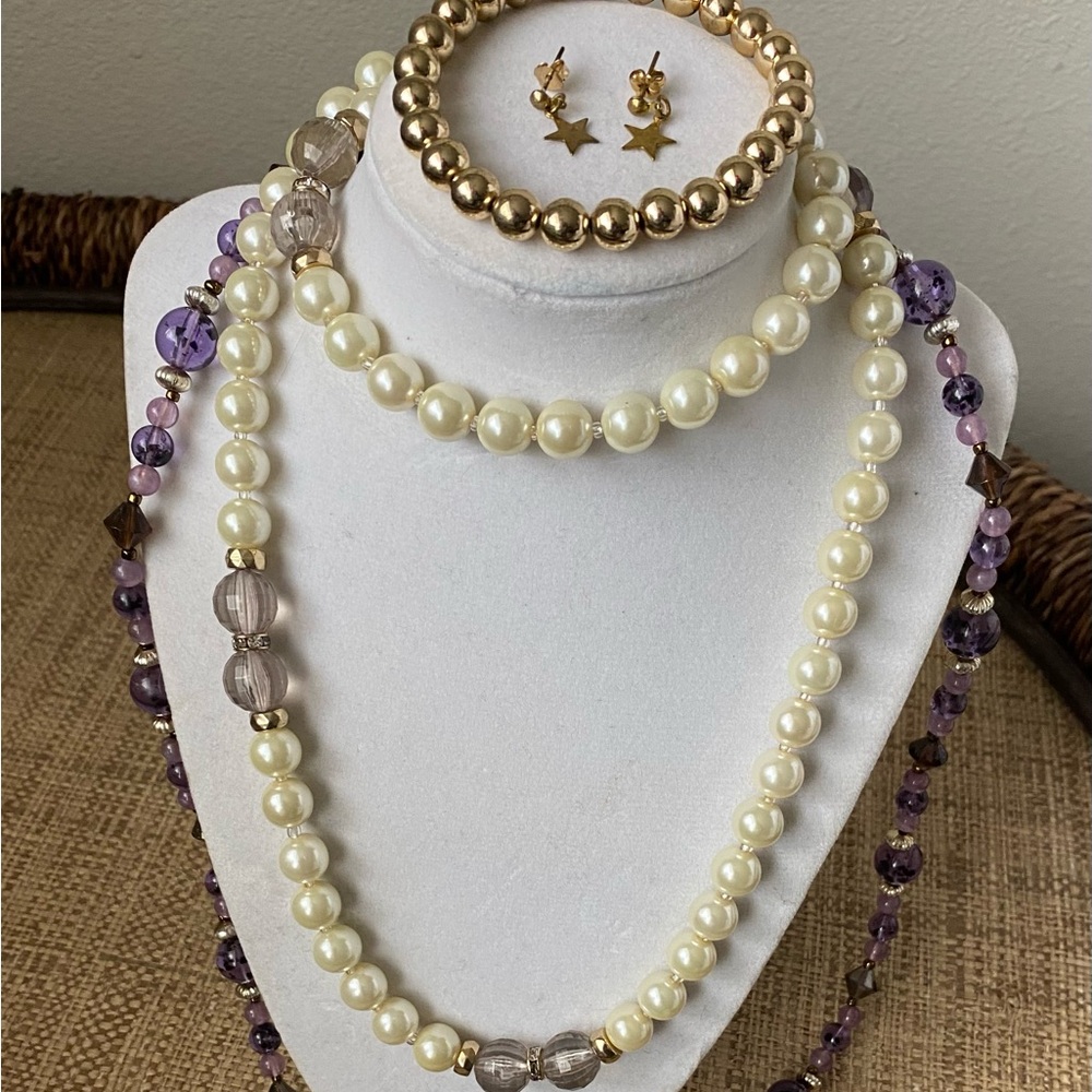 Elegant Faux Pearl and Purple Beaded Necklace